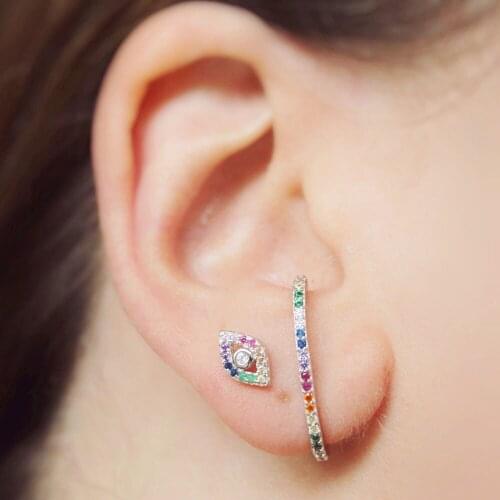 Drop shipping Multicolor minimal tiny delicate Stud Earring for Women 925 sterling silver rainbow cz bar simple Curved Earring