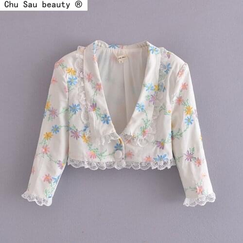 Summer New Style 2021 Turn Down Collar Mid-Length Sleeve Lace Double-Button High-Waist Embroidered Cardigan Women