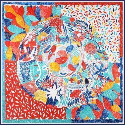 POBING 100% Silk Scarf Women Large Shawls Nepal Leaves Print Stoles Square Bandana Luxury Kerchief Scarf Female Foulards 130CM