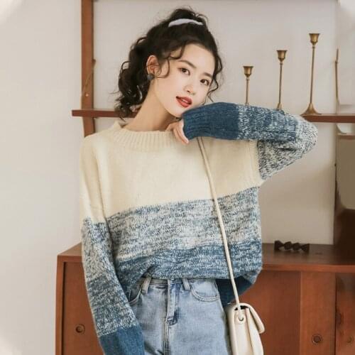Autumn Winter Sweater Women Half High Collar Color Matching Pullover Female Korean Version Loose Large Size Knitted Sweater