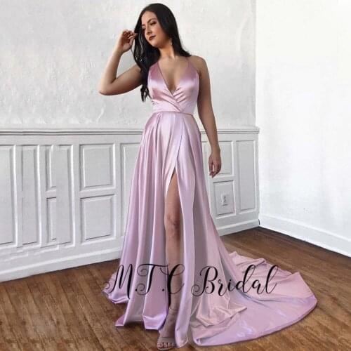 Sexy Backless Lavender Long Evening Dress High Slit A Line Halter 2019 New Formal Dresses Cheap Women Prom Gowns Robe De Soiree