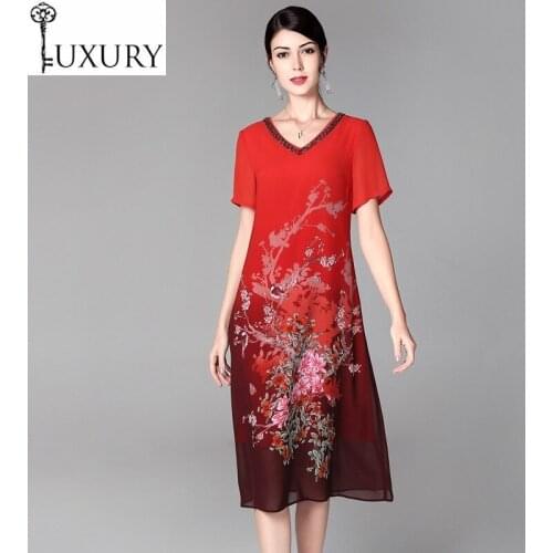Feminino 2020 Spring Vestidos Summer Vintage Plus Size XXXXL Women V-Neck Beading Short Sleeve Mid-Calf Grey Red Dress