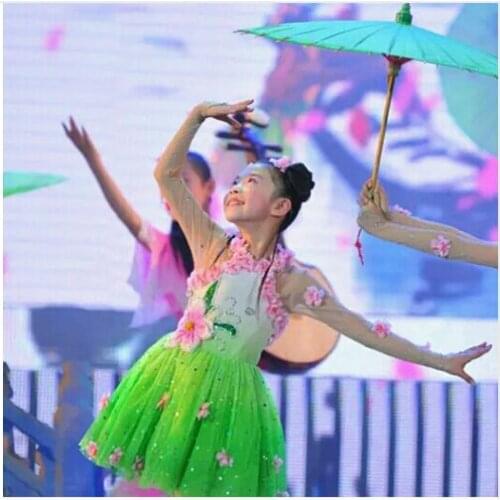 Childrens group dance green pink lotus flowers blossoming chinese classical fairy stage performance costumes