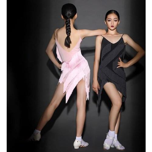 H9291 Child Kids Latin Dancing Dress Girls Tassels Sexy Latin Dance Braces Skirts for Chacha Tango Belly Practice Costumes