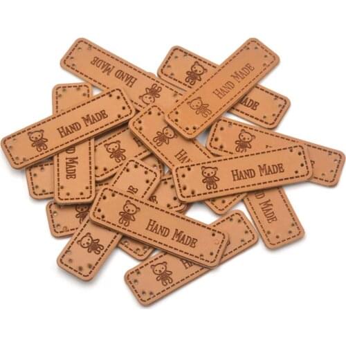 KALASO Wholesale 30pcs Bears Handmade Labels Clothes Garment PU Leather Labels Hand Made Tags Caps Bags Shoes Sewing Supplies