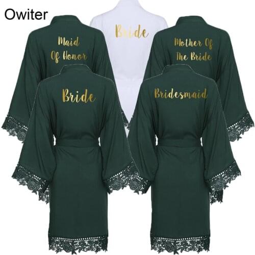 Owiter 2019 Green Solid Cotton Kimono Bride Bridesmaid Robes with Lace Trim Women Wedding Bridal Robe Bathrobe Sleepwear White