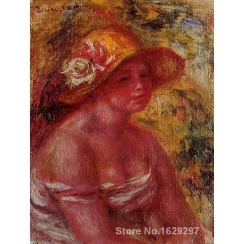 Oil Paintings by Pierre Auguste Renoir Bust of a Young Girl Wearing a Straw Hat Hand painted Art Reproduction High quality