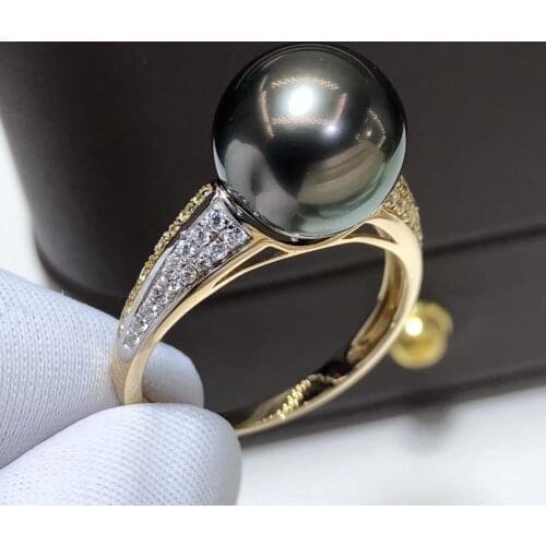 D417 Pearl Ring Fine Jewelry Solid 14K Gold Natural Round 10-11mm Ocean Sea Water Tahiti Black Pearls Rings for Women Presents