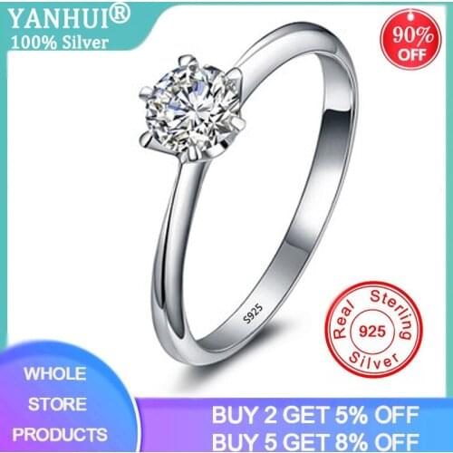 YANHUI Hot Sale 925 Silver Classic Simple Design 6 Prong Sparkling Solitaire 1ct Zirconia Forever Wedding Rings For Women BR0753