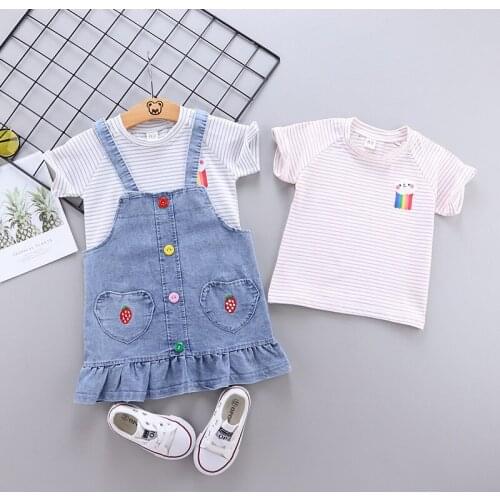 Baby girl suit summer girl cute cotton short-sleeved denim skirt 2-piece set baby girl striped T-shirt strap skirt suit fashion