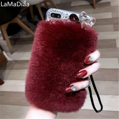 Cute Plush Warm Case For Samsung A3 A5 A7 2017 A9 A8 A6 PLUS 2018 A50 A70 A80 A51 A71 Rabbit Fur Back Cover Diamond Phone Case