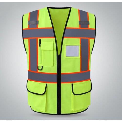 Multi Pockets High Visibility Zipper Front Safety Vest With Reflective Strips, Premium