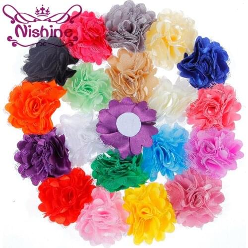 Nishine 120pcs/lot 2" Satin Lace Flower For Headband Hair Clips Fabric Flower Flat Back For DIY Kids Headwear Hair Accessories