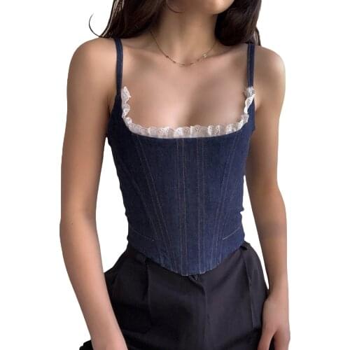 New Summer Women Blue Solid Color Denim Tops With Lace Irregular Hem Sleeveless Boat Neck Sling Vest Casual Wear Skin-Friendly