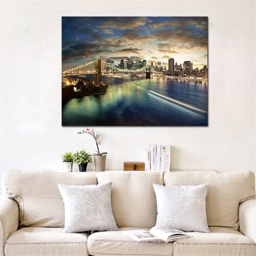 Canvas Prints Poster Home Decor Wall Art 1 Piece/Pcs Brooklyn Bridge Paintings Sunset City Night View Pictures Living Room Frame