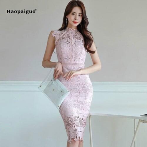 Plus Size Pencil Dress Summer 2018 Women Pink Sleeveless Stand Knee-length Elegant Korean Party Dress Office Lace Ladies Dresses