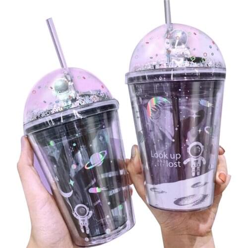 Unisex Portable Double Layer Straw Cup Creative Heat Insulated Plastic Water Cup for Household Office School