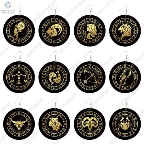 SOMESOOR Printed 12 Constellations Wooden Drop Earrings Vintage Loops Ear Dangle Jewelry Best Birthdays Gifts For Girls Women