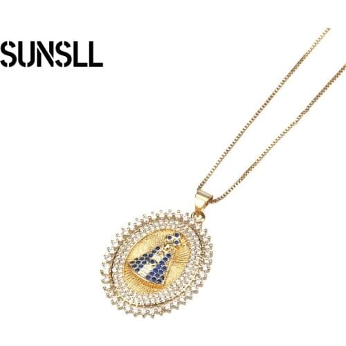 SUNSLL Golden Color Oval Shape Blue Cubic Zirconia Reiki Pendants and Necklaces Spiritual Collar Angel Jewellery on the Neck