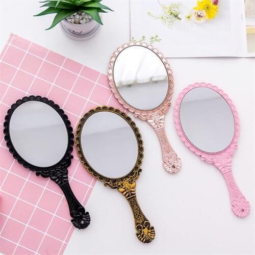 Vintage Handhold Makeup Mirror Pink Repousse Floral Oval Round Cosmetic Hand Held Mirror With Handle For Ladies Beauty Dresser
