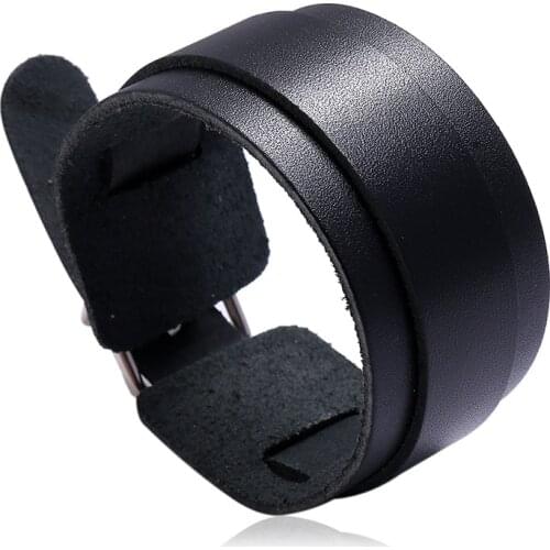 Vintage Black Genuine Leather Bracelet 3.6cm Wide Watch Strap Simple Fashion Cuff Bangle Jewelry Punk Men Layer Bracelets