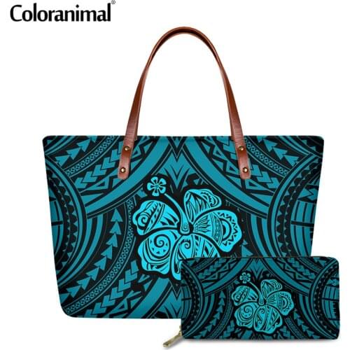 Coloranimal Tribal Style Ladies Handbag Polynesian Hibiscus Printed Shoulder Bag for Women PU 2Pcs/Set Crossbody Bag&Wallet Hot