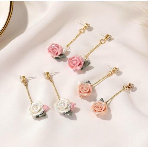 Women Vintage Style Three-Dimensional Rose Eardrop Dangle Ear Stud Earrings