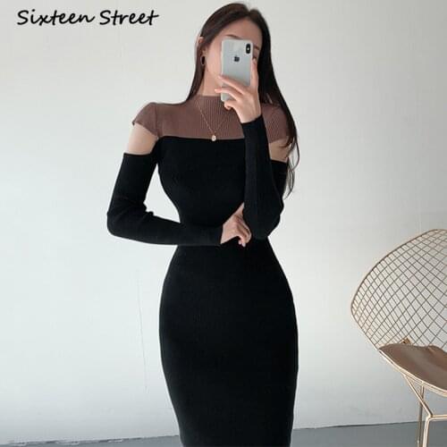 Sexy Dresses for Women Autumn Winter Korean Fashion Chic Elegant High Waist Slim Black White Knitted Dress Vestido De Mujer