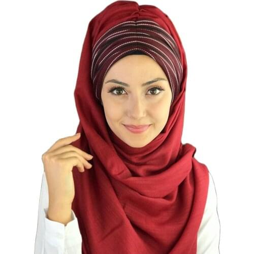2021New Fashion Hijab Women Muslim Islamic Chiffon Scarf Hat Foulard Claret Red Striped Pleated Ready Made Shawl