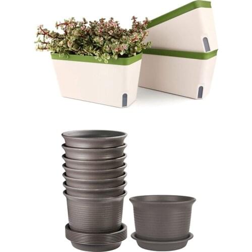 3X Self Watering Planter Pot Rectangle 10.5 Inch & Flower Pots 8 Pcs Pots With Drainage Hole Planters With Saucers