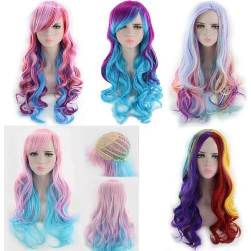 High Quality Harajuku Lolita Long Wavy Rainbow Wig With Bangs Synthetic Hair Cosplay Costume Party Colored Wigs For Women 65cm