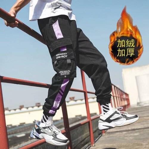 Thicken Autumn Winter Hip Hop Joggers Men Black Harem Pants Multi-pocket Ribbons Man Sweatpants Streetwear Casual Mens Pants
