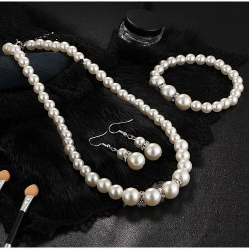 Elegant White Faux Pearl Necklace Earrings and Bracelet Pearl Beaded Chain Drop Earrings Costume Jewelry Set for Women