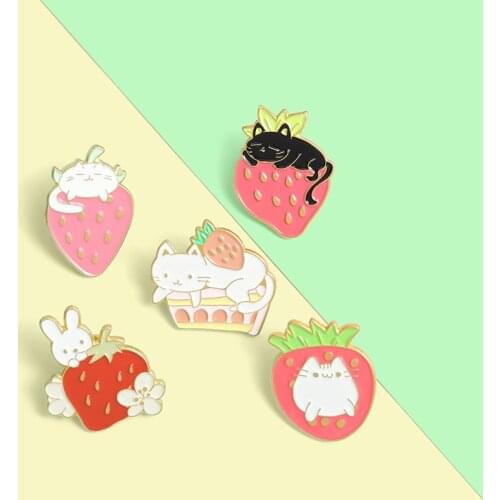 Strawberry Cat Garden Enamel Pins Bunny Fruit Cake Brooches Shirt Lapel Badge Bag Cartoon Jewelry Gift for Kids