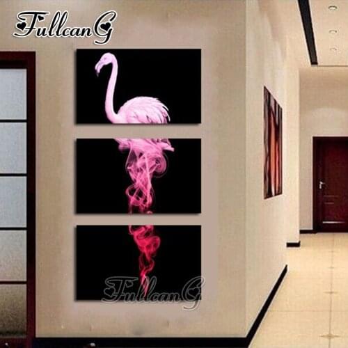 FULLCANG 3pcs diy diamond embroidery abstract flamingo animal triptych painting full square/round drill 5d mosaic pattern FC642
