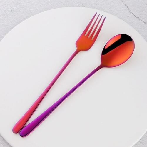 Hot 2Pcs/Lot Stainless Steel Spoon Dessert Fork Gold Tableware Long Handle Salad dessert Soup Spoon Silver For coffee Dinnerware