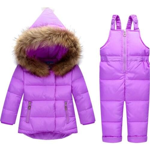 Russia Winter Children Clothing Sets Jumpsuit Snow Jackets+bib Pant 2pcs Set Baby Boy Girls Duck Down Coats Jacket With Fur Hood