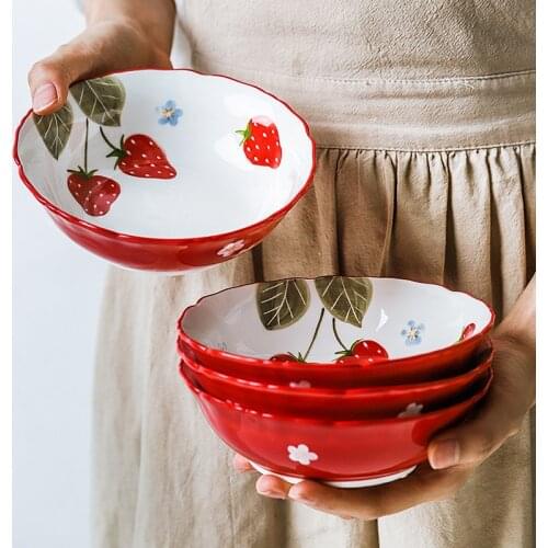 1pc Red Strawberry Bowl Undergalzed Ceramic Salad Bowl Rice Soup Bowl Household Dinnerware 6 inch