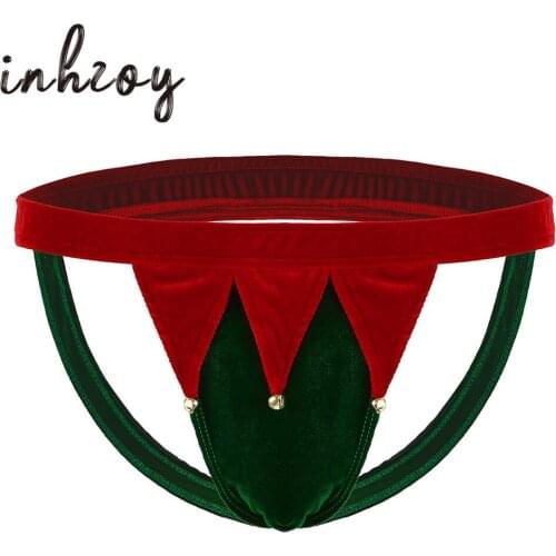 Mens Panties Soft Velvet Jockstrap G-string Sexy Thongs Fancy Rave Underpants Christmas Elf Lingerie for Male Xmas Underwear
