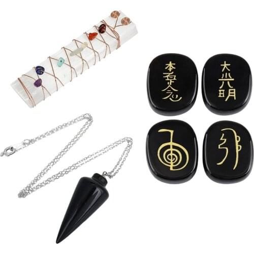 TUMBEELLUWA Healing Crystal Kit,7 Chakra Selenite Stick,Pendulum,Engraved Usui Reiki Symbols Palm Stone for Meditation Wicca