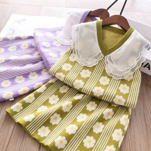 Jargazol Autumn Kids Clothes Lace Collar Knite Vest Sweater&flower Embroidery Skirt Fashion Korean Little Girls Costume Outfits