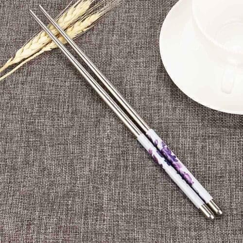 1 Pair Stainless Steel Chopsticks Patterns Food Sticks Portable Reusable Chopstick Sushi Length White Flower Pattern #W5
