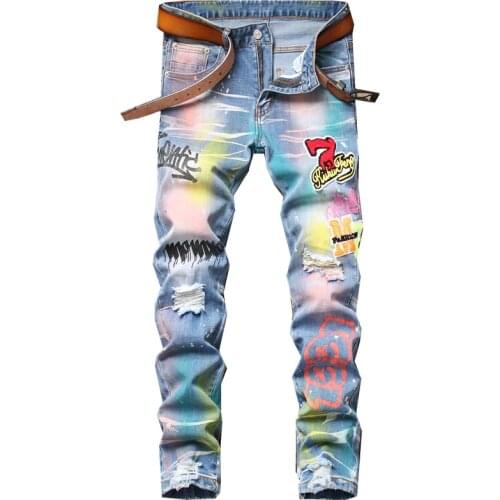 Ripped Jeans For Men Small Straight Colorful Printing Hole Mens Slim Jeans Trend Men Summer Jeans Skinny Jeans Men