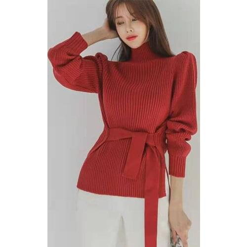 SMTHMA New 2021 Autumn Winter Womens Korea Sweaters Casual Minimalist Elegant Turtleneck Knitting Tie Up Tops