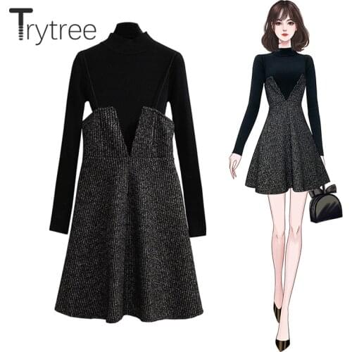 Trytree 2020 Autumn Winter Two piece set Casual Turtleneck Sweater Knitting Top + Sling Dress Mini Loose A-line Set 2 Piece Set