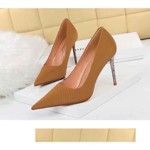 Womens Spring Autumn Metal Heeled Shoes 9.5cm Pink Diamond Grain Pumps Black Ladies OL Hight Heels Snake Scales Print Size 43