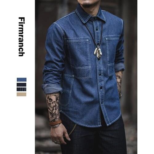 Firmranch Men High Quality Heavy Denim Primary Color Vintage Shirt Casual Wear Amekaji Retro Pockets Canvas Work Shirt Jackets