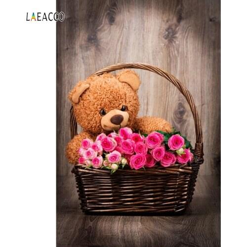 Laeacco Toy Bear Rose Flowers Basket Wooden Floor Photography Backgrounds Vinyl Custom Photographic Backdrops For Photo Studio