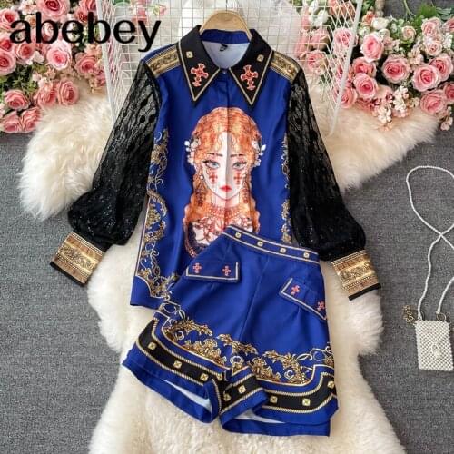 2021 New Summer Vintage turn-down collar long sleeve lace patchwork Shirt + high waist short print wide leg Shorts 2-piece set