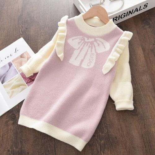 Baby Girls Knitted Sweaters Dresses New Fashion Baby Ruffles Princess Vestidos Children Bowknot Print Cute Clothes For 2-6 Years
